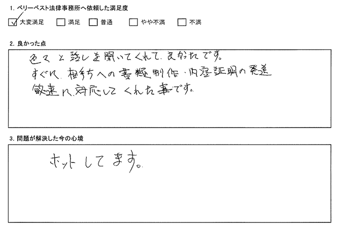 相手方への書類制作・内容証明の発送、迅速に対応してくれた